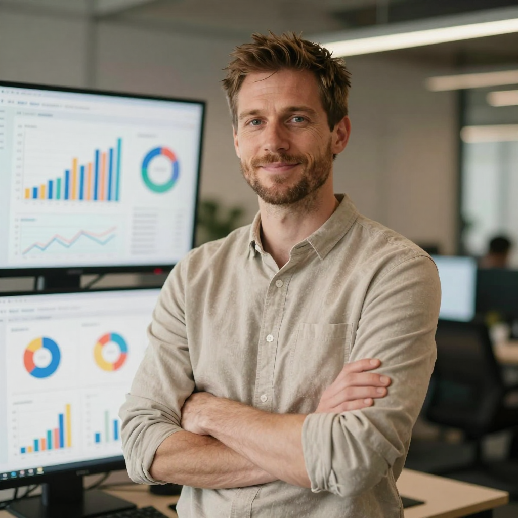Two SaaS founders at a laptop reviewing their PartnerPulse dashboard together in a modern office